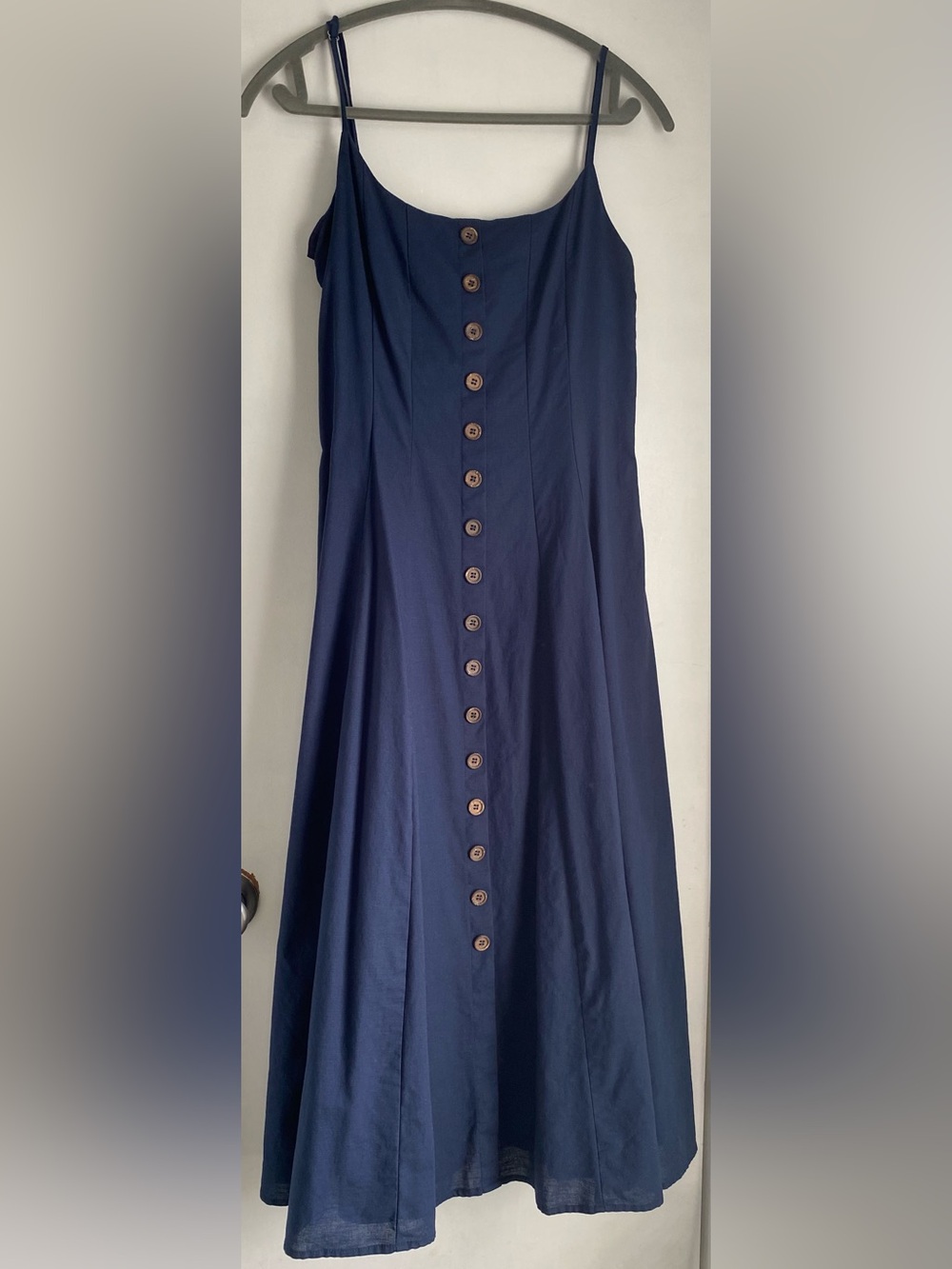 TCEC  Linen Blend Faux Button Front  Navy  Summer Spaghetti strap Midi Dress Lg
